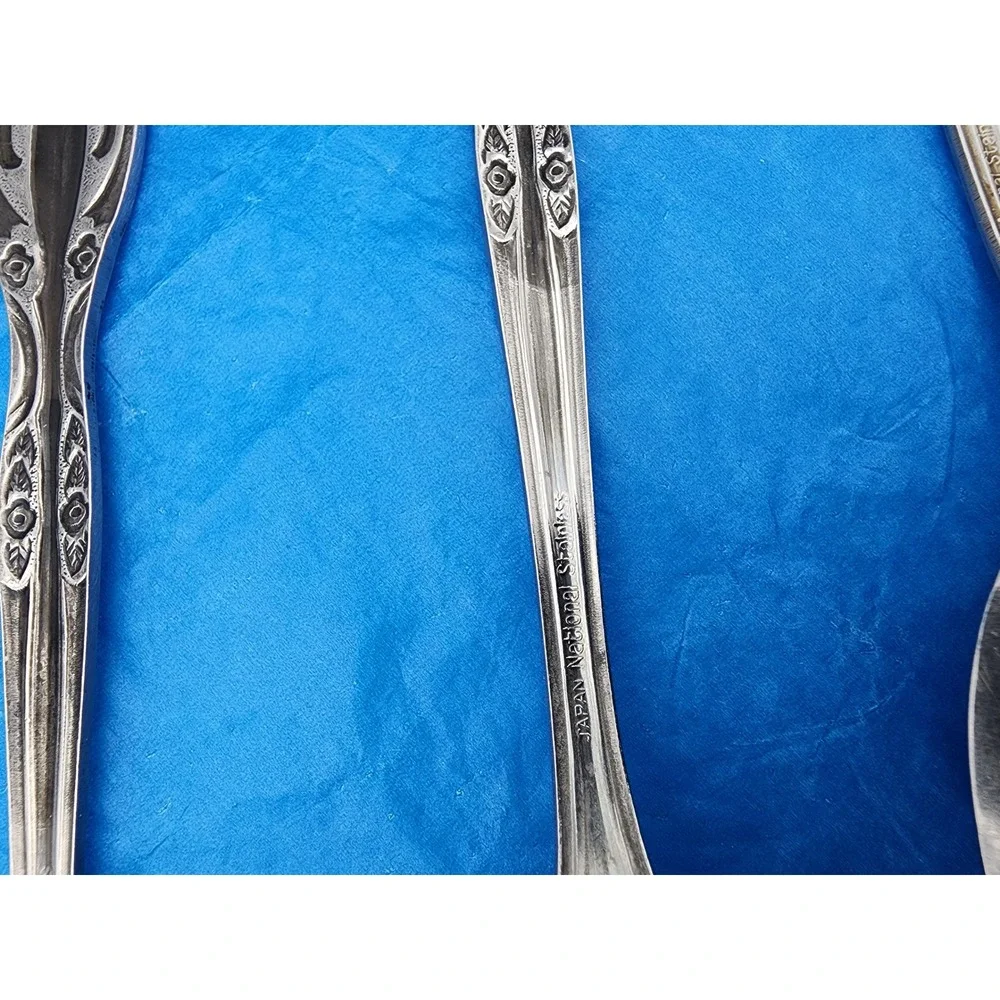 Vintage Japan‎ National Stainless Spoons Set of 6 Ornate Floral Scroll Pattern